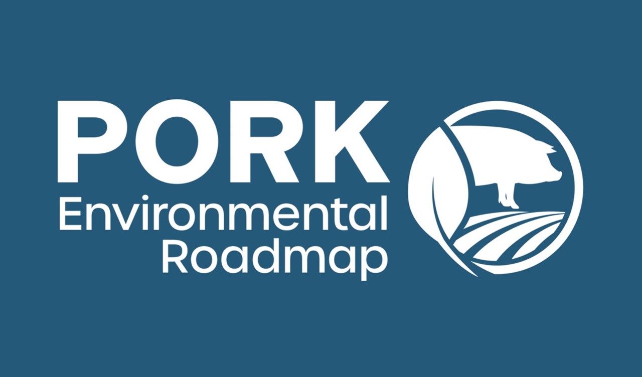 Blue graphic with text that states: Pork Environmental Roadmap.